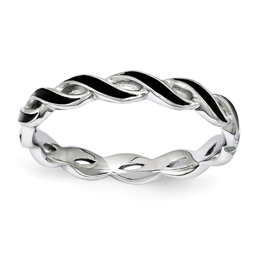 2mm Sterling Silver Stackable Expressions Black Enamel Swirl Band Sz 6